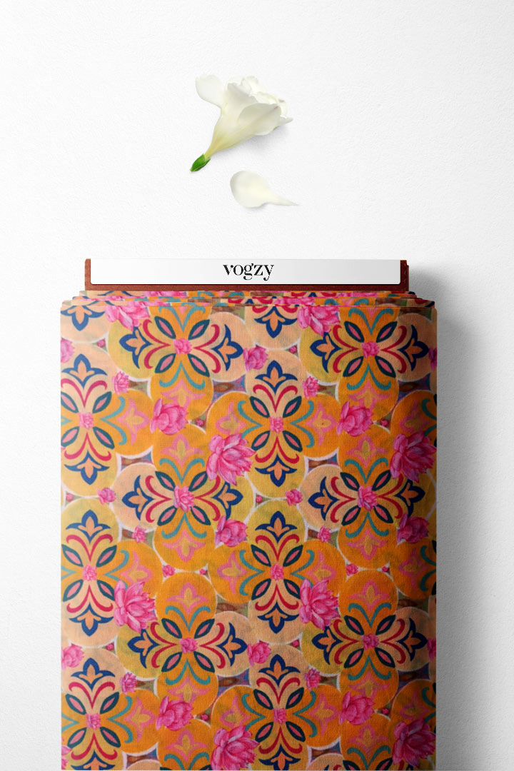 Mustard Floral Printed Muslin Fabric | Vogzy
