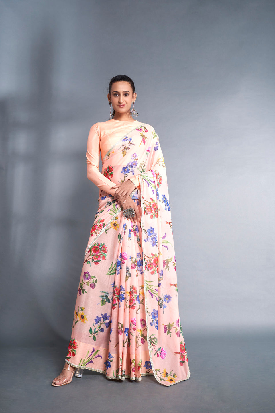 Rose Cloud Floral Printed Chiffon Saree with Sequins Lace | Vogzy