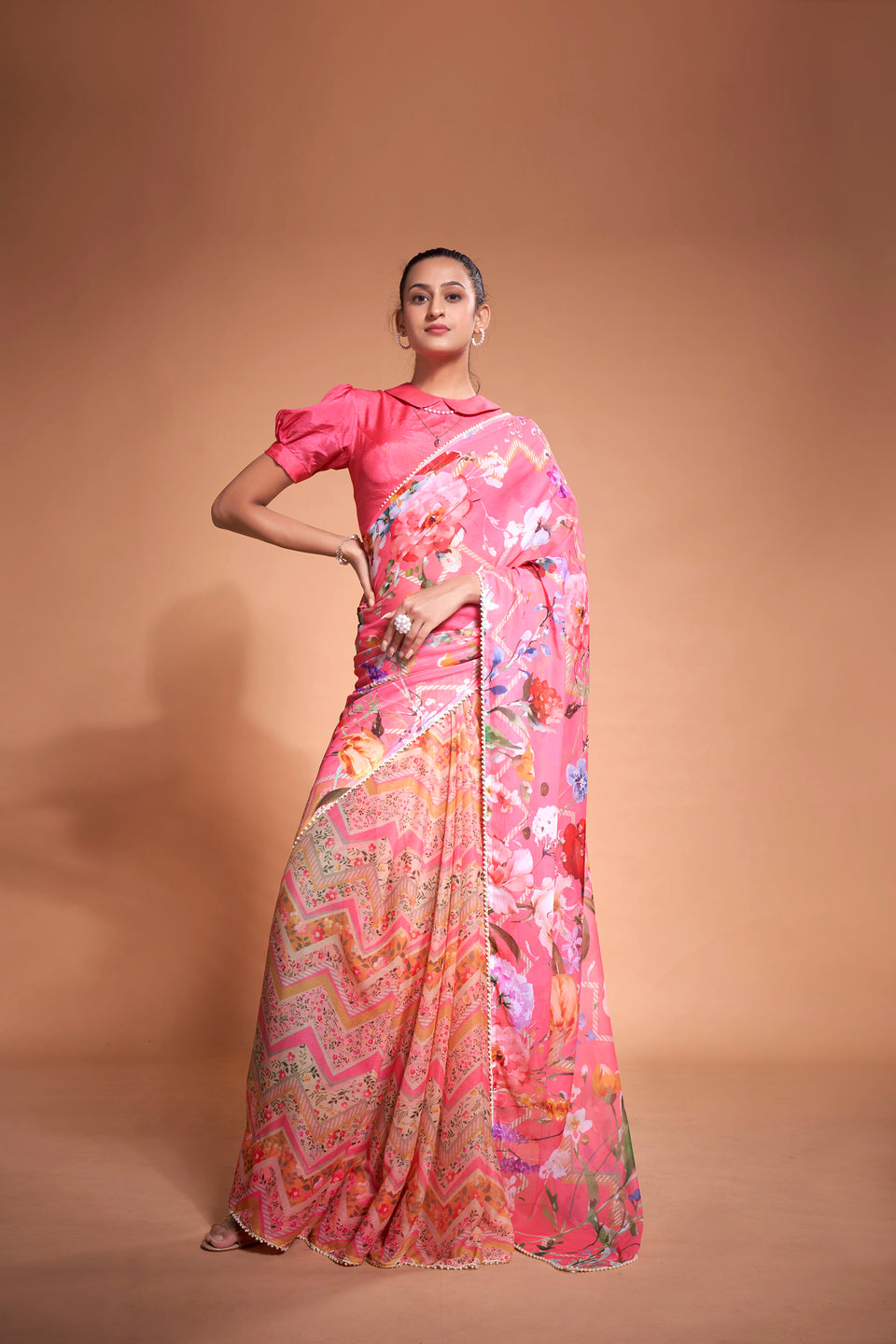 Hot Pink Floral Printed Chiffon Saree with Pearl Lace | Vogzy